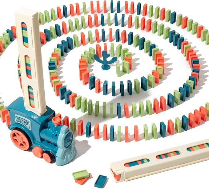 Automatic Domino Train for Kids 200pcs Blocks Montessori Dominos Stacking Toys Christmas or Birthday Gifts for 3 4 5 Year Old Boys Girls Toddler Age 6-8 Game Play (Blue)