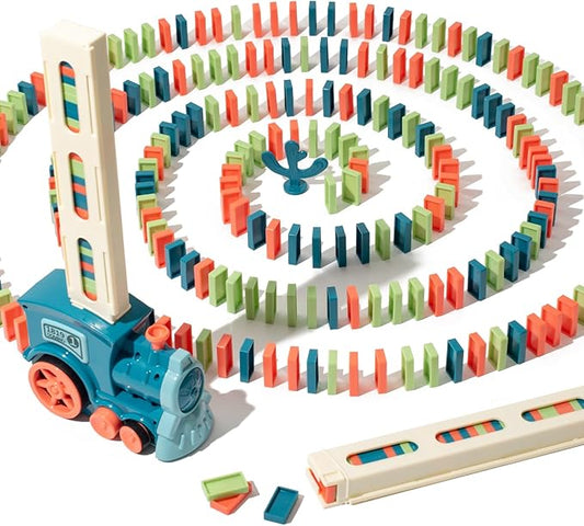 Automatic Domino Train for Kids 200pcs Blocks Montessori Dominos Stacking Toys Christmas or Birthday Gifts for 3 4 5 Year Old Boys Girls Toddler Age 6-8 Game Play (Blue)