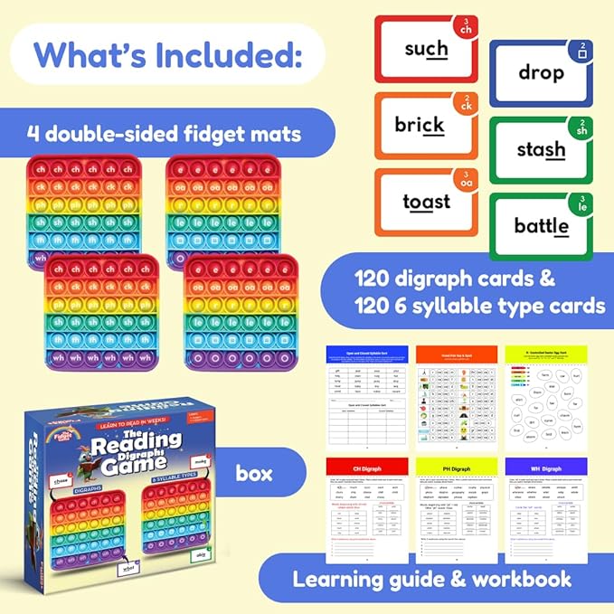 THE FIDGET GAME Science of Reading Flash Cards & Popping Mats - Master Digraphs & Syllables - Engaging Educational Kit for Dyslexia & Young Readers, Grades 1-3