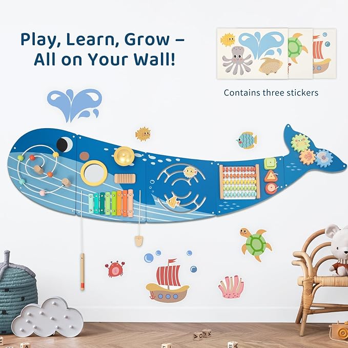 Whale Wall Busy Board Panel, Montessori Sensory Toy, Toddler Learning Activity Center, Toddler Learning Activity Center, Interactive Toys, Wooden Sensory Wall Develops Kids Skills in All Aspects