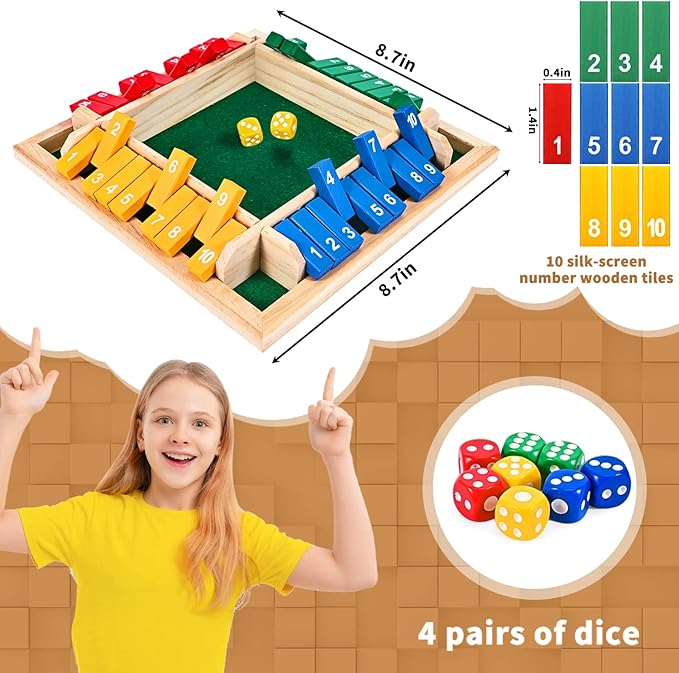 1-4 Players Shut The Box Dice Game, 10 Numbers Traditional Wooden Pub Bar Board Family Table Mat Game Dice for Kids and Adults