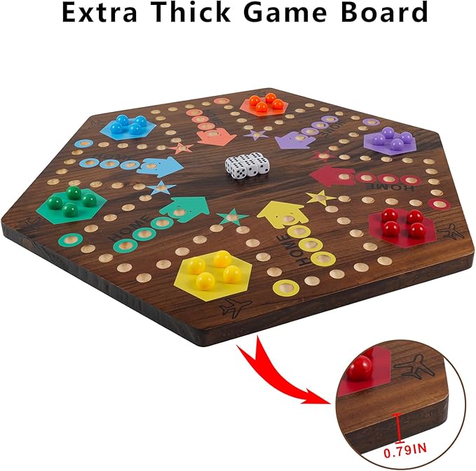 Extra Large 23.6 Inches Wahoo Marble Board Game 4 and 6 Players 2 Sided Painted Thicken Wood Board Perfect Game for Family Friends Party (Brush Paint Burn)