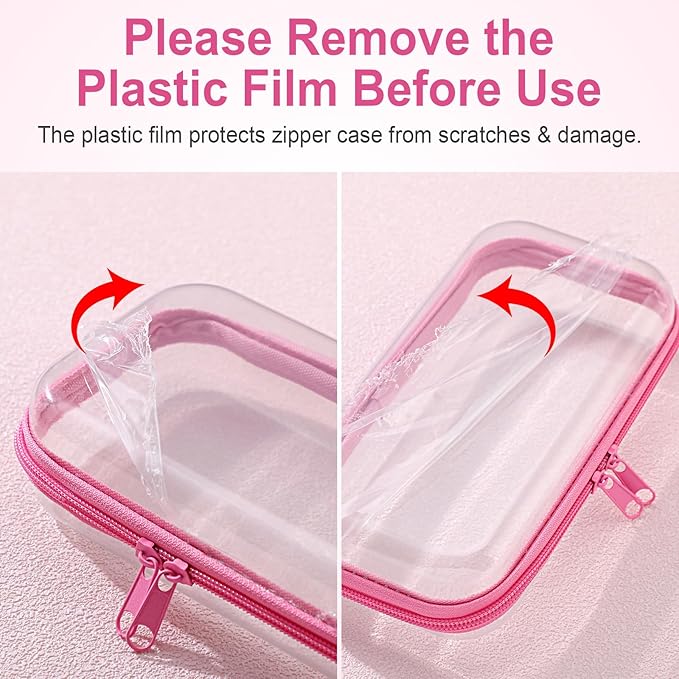 Hoolerry 4 Pcs Hard Clear Zipper Case Transparent Cases for Snacks Makeup Bag Plastic Storage Box Containers for Building Blocks, Puzzles, Cosmetics(Pink,7.5 x 3.9 x 2 in)