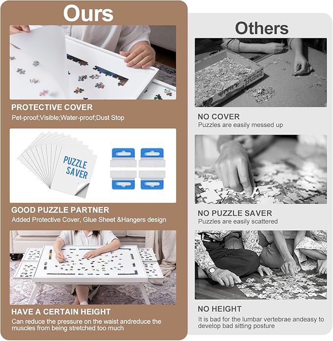 TEAKMAMA 1500 Piece Wooden Jigsaw Puzzle Board with 4 Drawers, Folding Puzzle Table with Protective Cover, Jigsaw Board with Legs, Multifunctional Game Table for Adults, 34W x 26.3D, White