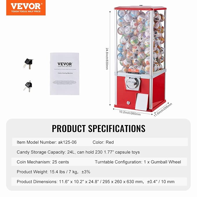 VEVOR Gumball Machine for Kids, 25" Height Home Vending Machine, PS Bouncy Balls Dispenser, Hold 230 Capsule Toys, Rectangle Bubble Gum Machine for Game Stores, Coin Operated Gumball Bank, Red