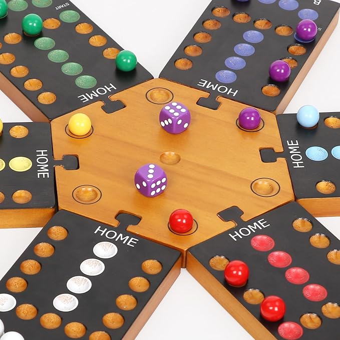 Marble Board Game, Wooden Board Game for 4 and 6 Players, Portable Original Marble Game with 24 Marbles 12 Dice for Family Friends Party Game Night Black