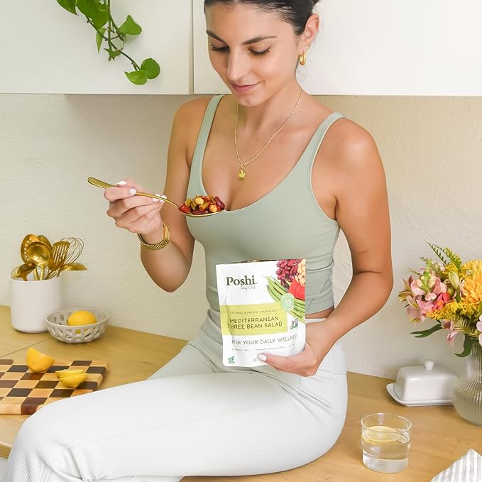 POSHI Mediterranean Three Bean Salad Natural, Keto, Vegan, Non GMO, Low Carb + Calorie, Gluten Free, Ready to Eat, Fully Cooked Vegetables, Pentry Food, Gourmet, Healthy, Travel Food 6 Pack, 4.4 oz