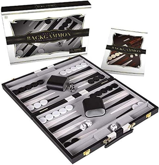 Backgammon Set 18 inch, Large - Classic Board Game for Adults and Kids with Premium Leather Case - Includes Strategy & Tip Guide (Black)