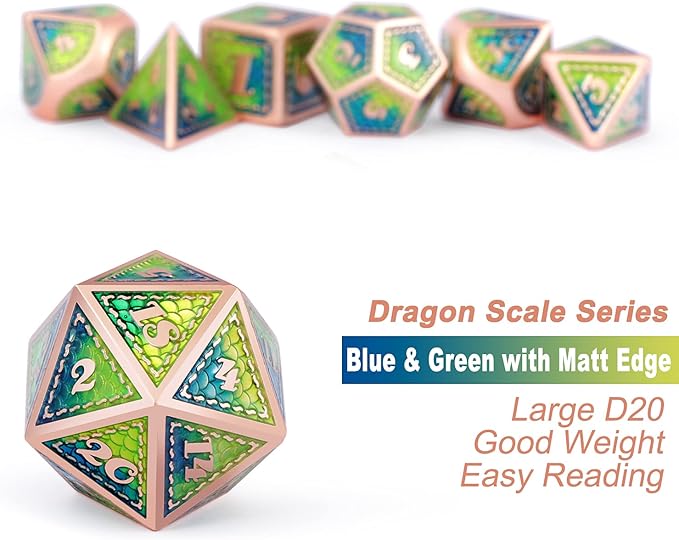 Metal DND Dice Set with Gift Metal Case DNDND 7 PCS Metallic Dungeons and Dragons Die for DND Game (Blue & Green with Matt Copper Edge)
