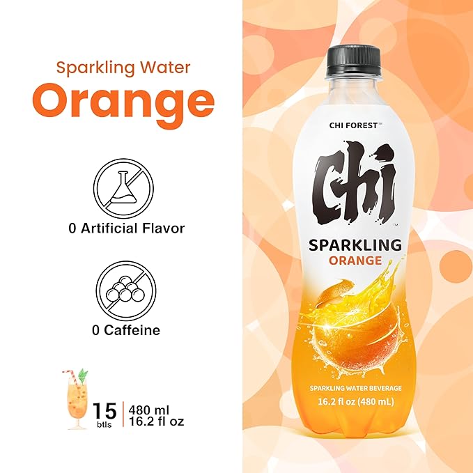 CHI FOREST Flavored Sparkling Water Beverage, Orange, 16.2 fl oz Bottles (pack of 15)