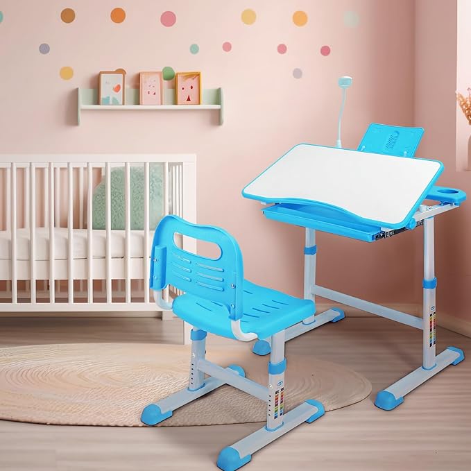 Adjustable Student Desk and Chair Set, 3-15 Kids School Desk with Drawing Tilt Desktop/LED Light/Cup Holder/Bookstand/Storage Drawer, Study Desk for Boys & Girls,Blue