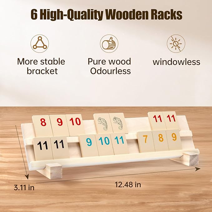 Rummy Cube Game 2-6 Players with 6 Wooden Racks/Trays and 162 Wood Rummy Cards, Bright and Large Number Edition Rummy Tiles and Portable Case, Classic Rummy Set for Adults and Family