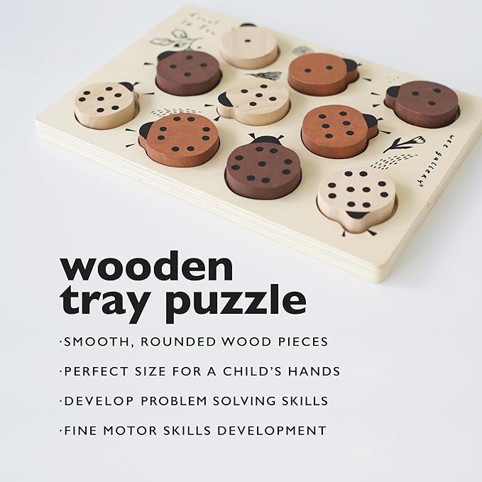 Wee Gallery Wooden Tray Puzzle Count to Ten Ladybugs, Montessori Toy for Toddlers and Preschoolers for Early Learning and Fine Motor Skill Development, Sustainable Educational Puzzle for Kids