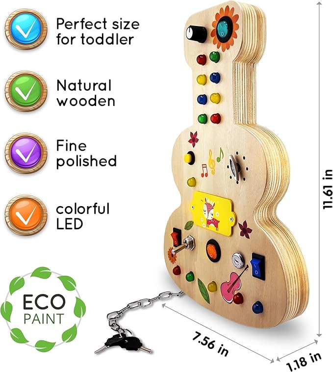 Wooden Montessori Musical Busy Board for Toddlers for 3-5 Year-Old with Mechanical Turner, Colorful Bulbs, Switches, Buttons - Enhance Sensory, Motor Skills