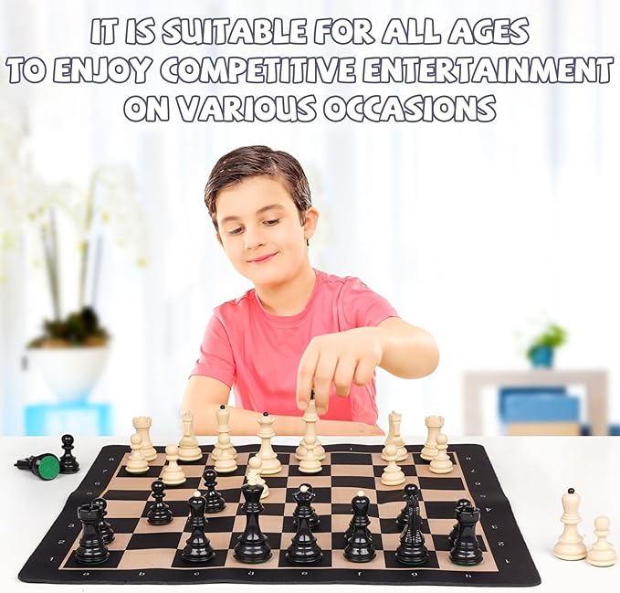 Agirlgle 20'' Tournament Chess Set for Adults and Kids Foldable Silicone Chess Board Game Chess Pieces 3.8'' King Height Portable Travel Chess Set Storage Bag for Outdoor Family Vintage Board Game