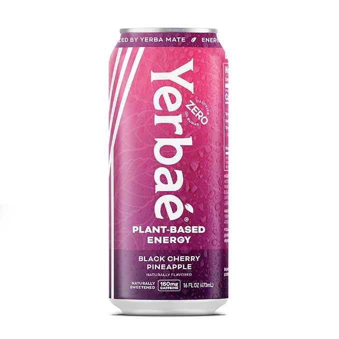 Yerbaé Energy Beverage - Black Cherry Pineapple, 0 Sugar, 0 Calories, 0 Carbs. Yerbae is Energized by Yerba Mate, Plant-Based, Healthy Alternative to Sugary Drinks, 16oz cans (12 Pack)