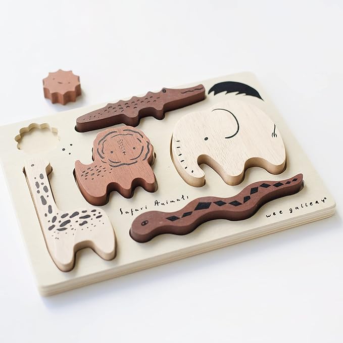 Wee Gallery Wooden Tray Puzzle Safari Animals, Montessori Toy for Toddlers and Preschoolers for Early Learning and Fine Motor Skill Development, Sustainable Educational Puzzle for Kids