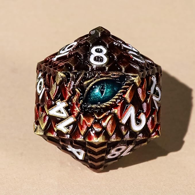 Metal Dice Set D&D,7 PCS Dragon Scale Metallic DND Dice Set,Dragon Eye Metal Dice with Grogeous Gift Case for Dungeons and Dragon Tabletop Game (Reddish Brown Dragon Scale & Cyan Eye)