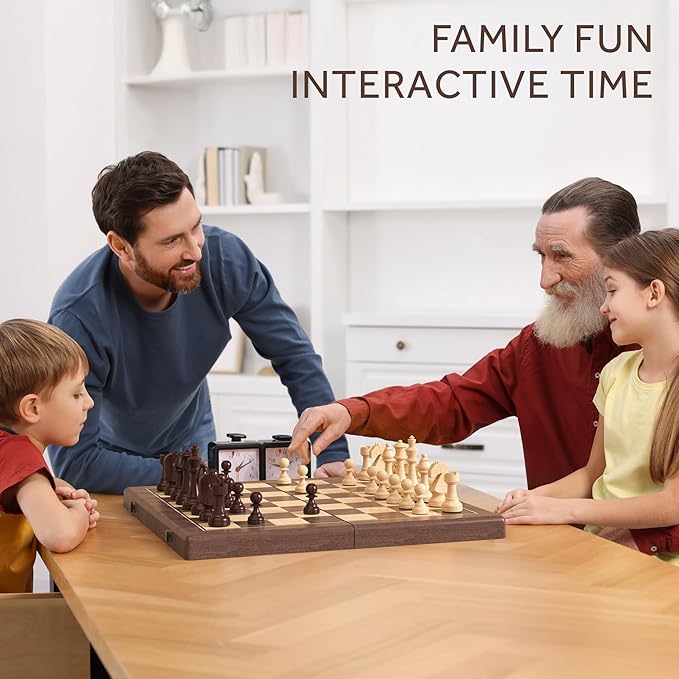 Premium 38 cm Walnut Magnetic Chess and Checkers Set - 2-in-1 Foldable Wooden Board Game with Staunton Figures, 2 Extra Ladies, Tiles and Dust Bag (Black)