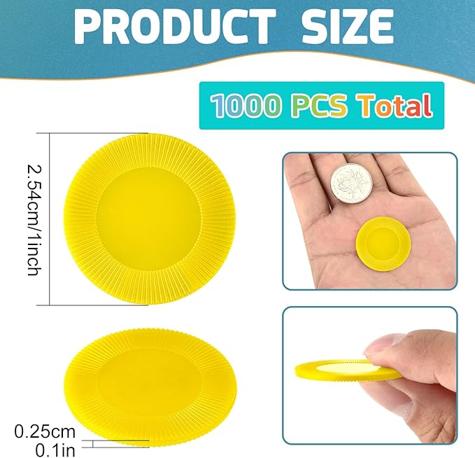 Coopay 1000 Pieces Plastic Poker Chips, Bingo Chips Bulk Learning Counters Disks Poker Card Game, Counting Markers for Math Practice, Game Tokens and Teaching Rewards, 25 mm/ 1 Inch (Yellow)