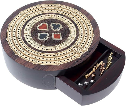 Round Shape 3 Track Non-Continuous Cribbage Board - Push Drawer Storage for Pegs and 1 Deck of Cards with Score Marking Fields for Won Games (Rosewood/Maple Wood)