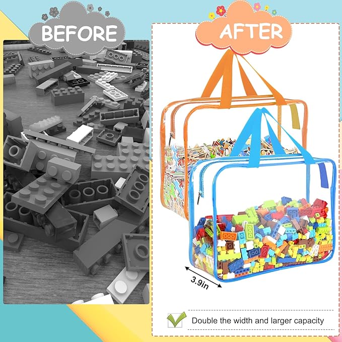 6 Packs Large Toy Storage Bags with Labels, Reusable Clear PVC Board Game Storage, Travel Waterproof Organizer Bags with Zipper for Building Blocks, Puzzle, Kids Books(6 Colors)
