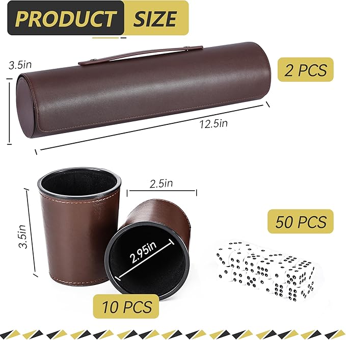 2 Set Leather Dice Cup Set, 10x Dice Cups + 50 Dice + Exclusive Storage and Transport Case Made of Faux (2 Pack Brown)
