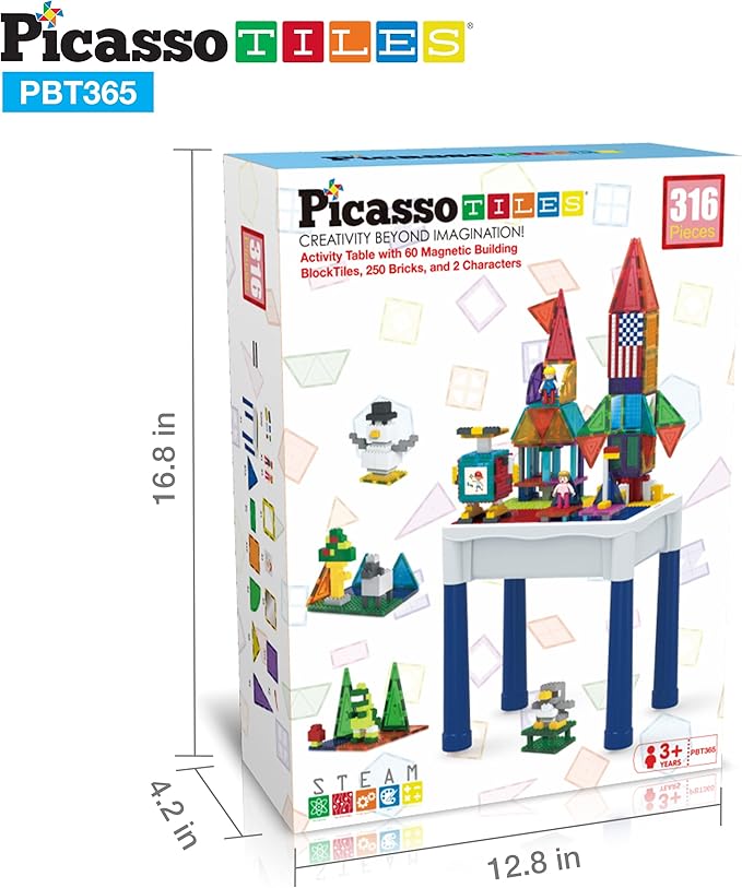 PicassoTiles 316 PCs Activity Table with Magnetic Tiles and Building Brick Blocks, Playset Table with Magnetic Action Figures & Storage Included, Can be Use as Water & Sand Tables STEM Toys Ages 3+