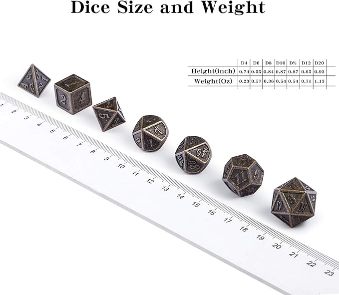 DnDnD Ancient Design Dice, 7PCS Brass DND Metal Dice with Metal Box for Table Games Dungeons and Dragons D&D