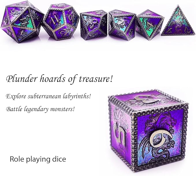 HAOMEJA Dungeons and Dragons Dice Set - Metal 6 Sided Polyhedral Dice for Pathfinder, MTG, Board Games (D20, D12, D10, D8, D6, D4) - Silver, Blue, Purple