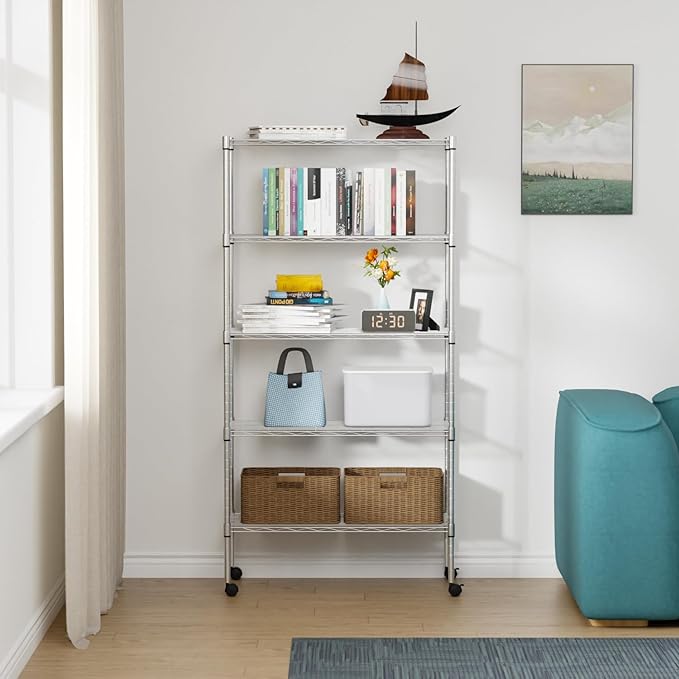 FDW Adjustable Storage Shelves 5-Tier Wire Shelving Unit Heavy Duty Metal Shelves with Wheels 14”Dx30”Wx61”H Storage Shelf Rack for Home Kitchen Commercial, Chrome
