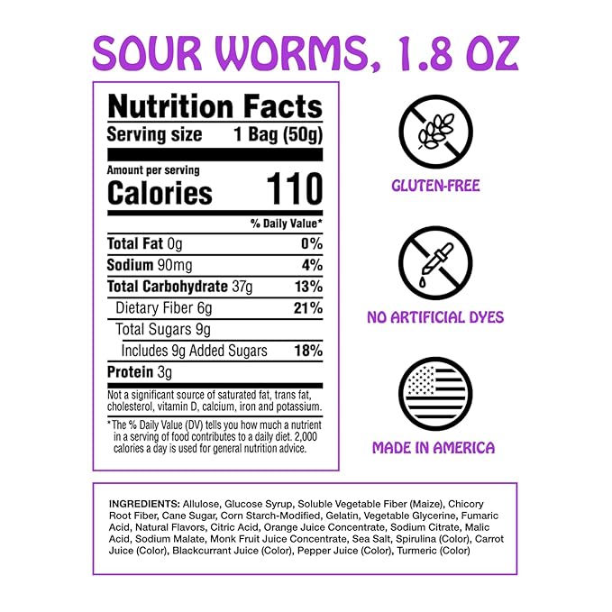 Rotten Sour Gummy Worms - Low Sugar, Low Calorie, 7g Gut-Friendly Prebiotic Fiber and 3g Protein, Gluten Free Candy - 1.8 oz - 8-Pack
