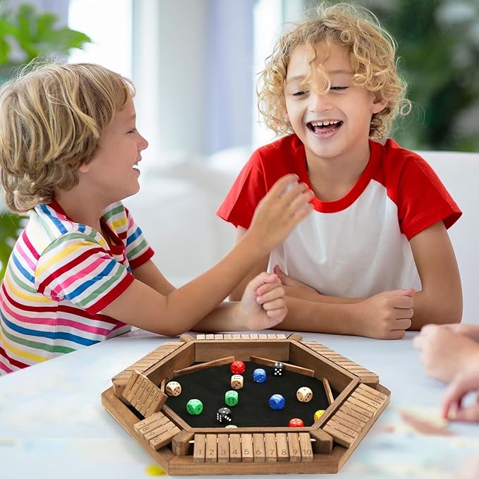 Exqline Shut The Box Game for 2-6 Players, Wooden Board Table Math Game with 14 Dice, 6 Way Classic Puzzle Board Games for Home Classroom or Pub
