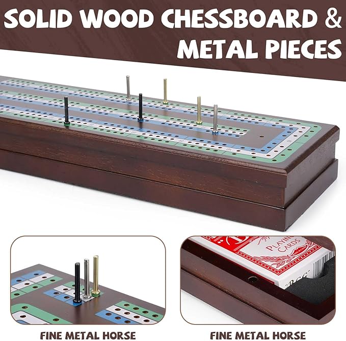 Wooden Cribbage Board Game Set, Premium Wooden Board with Magnetic Lock and Metal Pegs, Strategy Card Game Cribbage - Travel Portable Cribbage Game Sets for Family