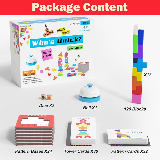 4-in-1 Family Board Games, 120 Pcs Wooden Multi-Level Montessori Toy Fast 3D Shape Pattern Matching Puzzle Stacking Building Blocks Fun Game for Kids Adults Family Night/Party, 1-6 Players Ages 4+