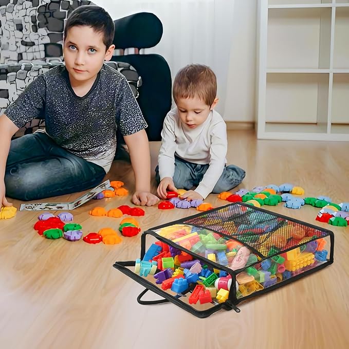 10 PCS Clear Zippered Toy Storage Bags with handle, Kids Toy Storage Organizer with Mesh Pocket for Instructions, Playroom Toy Organizer Plastic Storage Bags for Blocks Set Puzzles,Small Toys