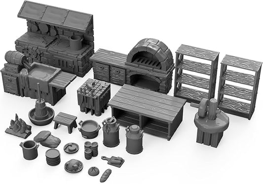 Inn and Tavern Kitchen Furniture Set DND Terrain 28mm for Dungeons and Dragons, D&D, Pathfinder, Warhammer 40k, RPG, Miniatures, Age of Sigmar, Tabletop, D and D, Dungeons and Dragons Gifts