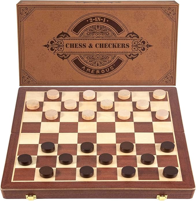 AMEROUS 15 Inches Magnetic Wooden Chess & Checkers Set (2 in 1) - Folding Board -Gift Box Packed -24 Cherkers Pieces -2 Extra Queens, Beginner Chess Set for Kids and Adults