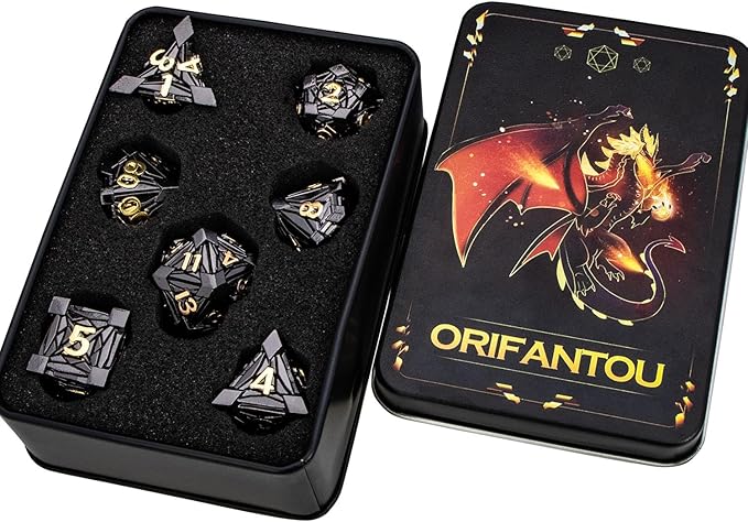 7PCS Metal DND Dice Set with Box, Debris RPG Black Gold D and D Dice for use with D&D Tabletop Games Role Playing Game Polyhedral Dice Set D20 D12 D10 D8 D6 D4