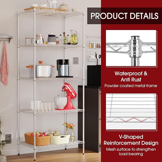 Large Wire Shelving Unit 5-Tier Metal Storage Shelves Heavy Duty Garage Shelving Adjustable Storage Shelf Rack with Leveling Feet for Home Kitchen Garage, 14" Dx23.8 Wx60 H, Chrome