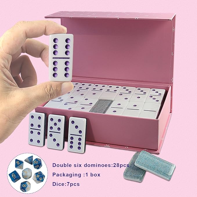 Dominoes Set for Adults, Double 6 Dominos Game Set with 28 Domino Tiles Double with Upscale Gift Boxes -7 Polyhedral Dice -Classic Board Games (Light Blue)