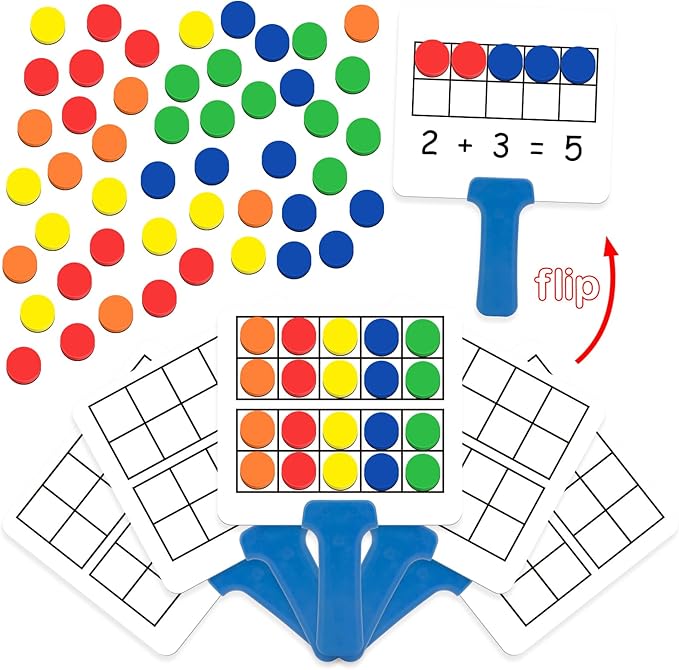 Magnetic Ten-Frame Set,Math Manipulative Games for Kids Toddlers,5 Dry Erase Paddles & 150 Math Counters,Addition & Subtraction Game,Counting Toys,Kindergarten Preschool Classroom Must Haves