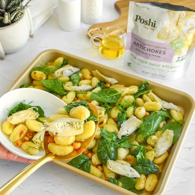 POSHI Marinated Artichoke Hearts with Basil + Thyme Natural, Keto, Vegan, Non GMO, Low Carb + Calorie, Gluten Free Ready to Eat Fully Cooked Vegetables, Pentry Food, Gourmet, Healthy 6 Pack, 4.4 oz