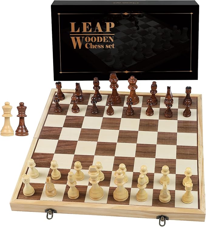 LEAP Wooden Chess Set 17" Inches - 2 Extra Queens - Folding Board Raised Edge, Handmade Portable Travel Chess Board Game Sets with Game Pieces Storage Slots - All Age Chess Set for Adults and Beginner