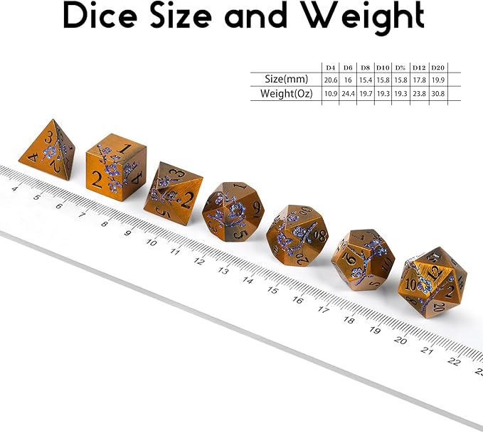 Metal Dice Flowers, 7 PCS Metallic Dungeons and Dragons Dice Set with Gorgeous Gift Case for DND Dungeons and Dragon Tabletop Game (Ancient Brass with Blue Flowers)
