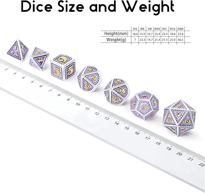 DNDND Metal DND Game Dice, 7 Die Dragon Scale Metallic D&D Dice with Velvet Pouch for Gungeons and Dragons (Lilac with Silver Edge)