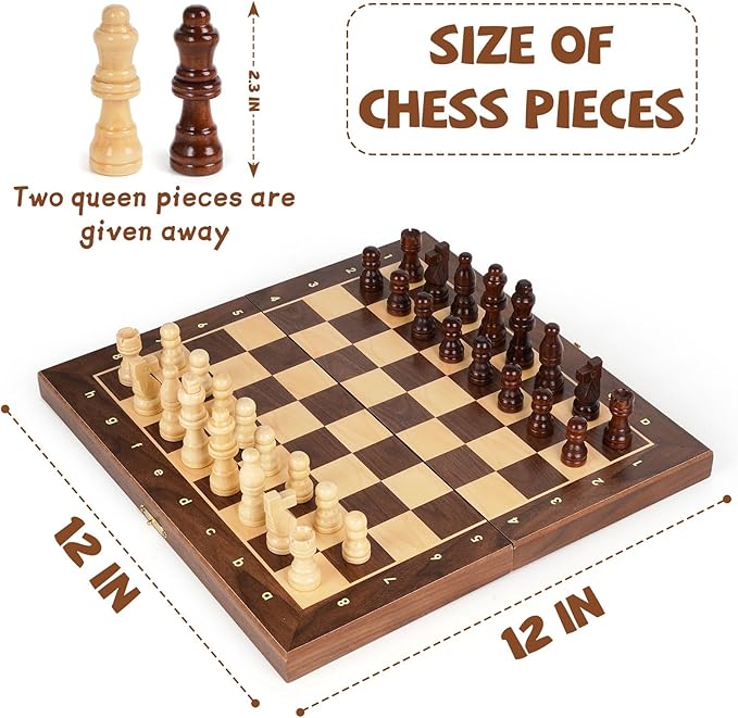 Magnetic Travel Chess Set 12-inch Wooden Magnetic Chess Board 2 Extra Queen Folding Chessboard for Storage Toys & Games for Adults Vintage Chess Game – Family Board Games Educational Toy Sets