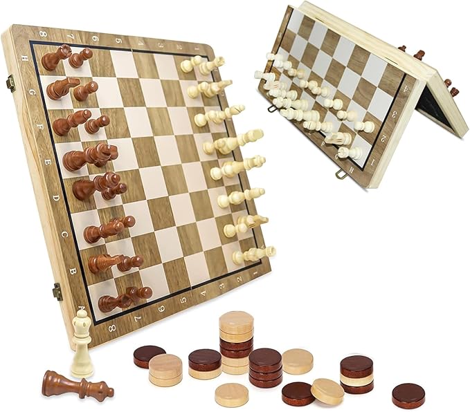 (Upgraded Magnet) 15" Magnetic Chess & Checkers Set, 2 in 1 Board Game, Wooden Handcrafted Folding Chess Board Portable Chess Set with Storage Slots & 2 Extra Queens,Great Gift for Adults & Kids