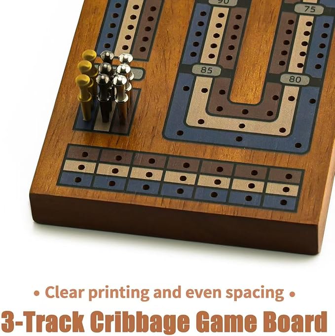 Wooden Cribbage Board Game Set, Travel Cribbage Board with Storage and Collapsible, with Magnetic Lock / 9 Metal Pegs/Full Deck of Cards, Family Board Games for Kids and Adults