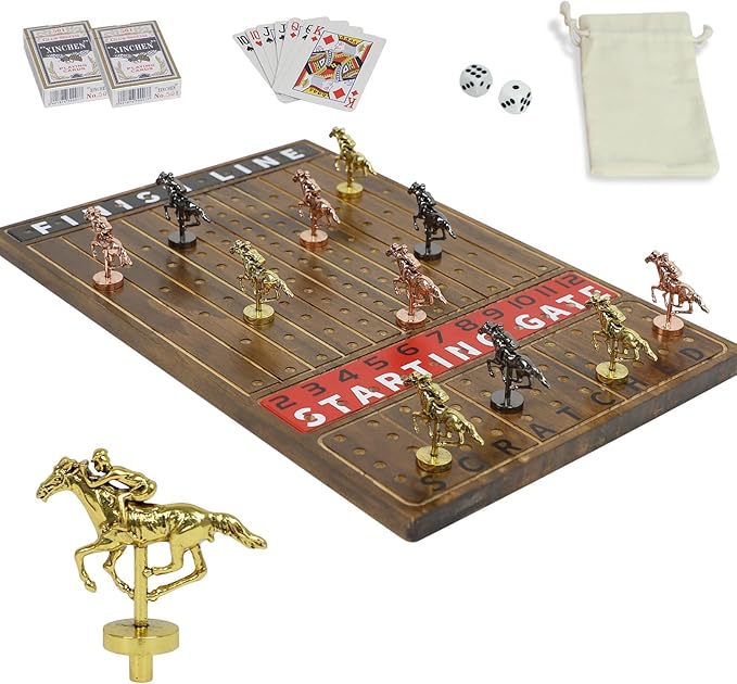 HOROW Horse Racing Game - Wooden Horse Race Board Game with 11 Luxury Metal Horses 2 Dice and 2 Cards,Fast-Paced Strategic for Family Night and Party - Perfect Birthday&Holiday Gifts